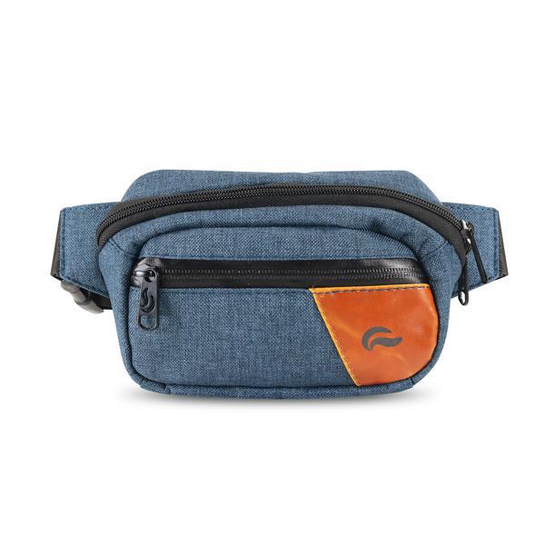 The Skunk Hipster Bag is a blue fabric, water-resistant fanny pack with black zippers, a front zipper pocket, and a small brown leather patch with the curved Skunk logo. This smell-proof and odor-proof bag offers added protection.